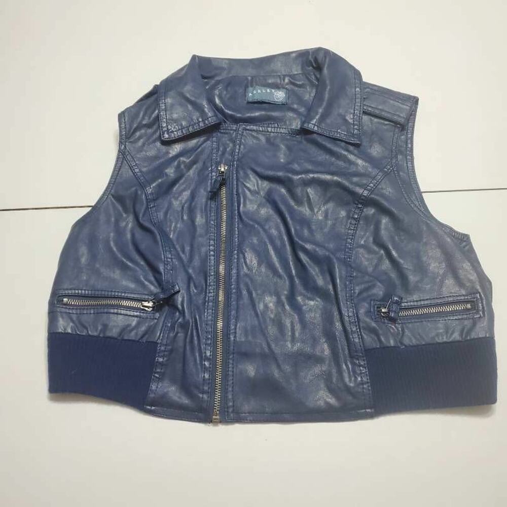 Ashley Girls Moto Jacket Blue Full Zipper Pockets Collared Faux Leather XL